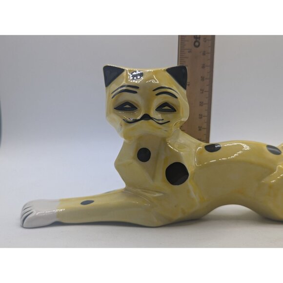 Vtg Handmade Ceramic Yellow & Black Spotted Cat Figurine By Lorna Bailey 12" - Picture 5 of 12